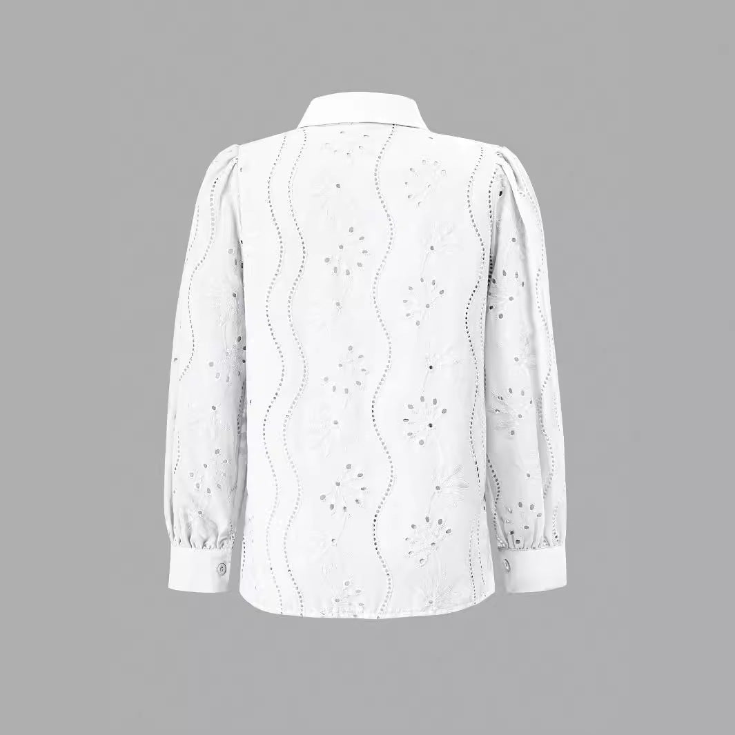 Women's Single-breasted Solid Color Embroidered Long-sleeved Lapel Shirt