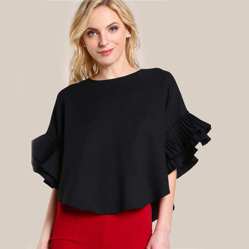 Ladies Round Neck Double Layer Bell Sleeve Short Chic Top