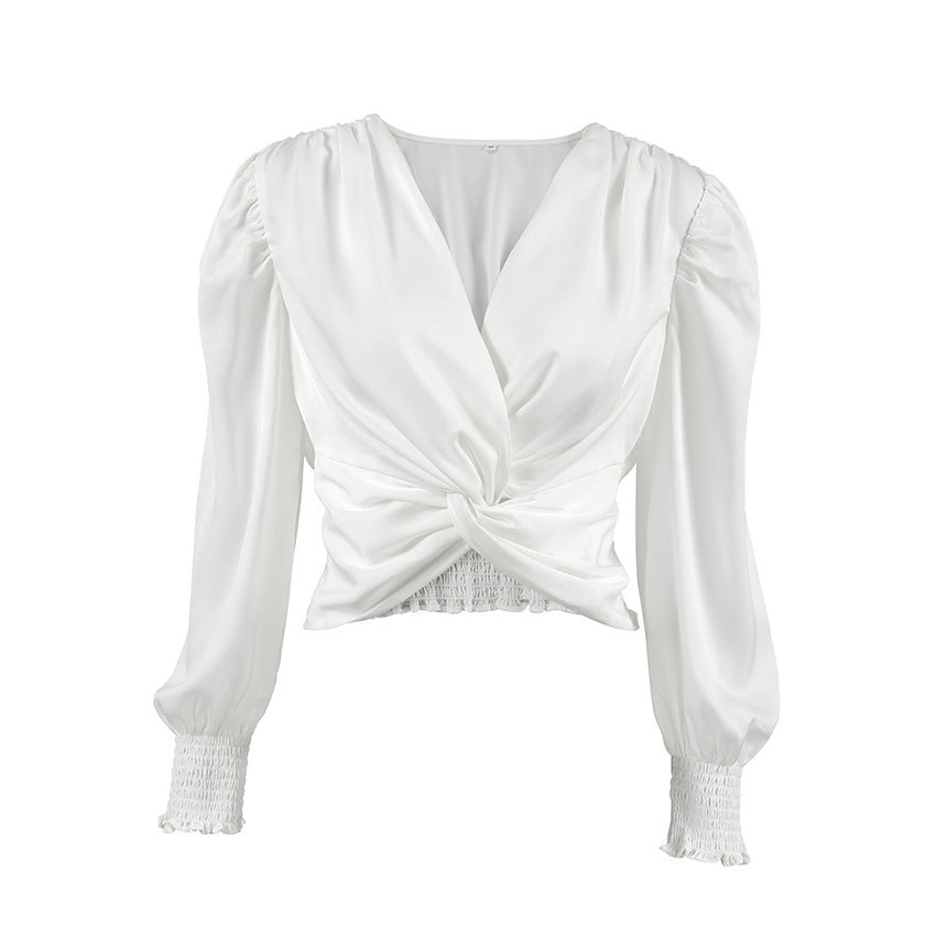 White Satin Top Short Design Twist V-neck Pullover Shirt