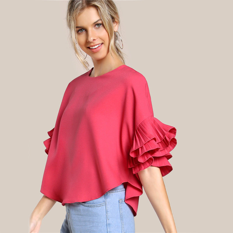 Ladies Round Neck Double Layer Bell Sleeve Short Chic Top