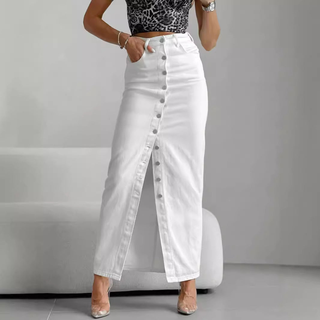 High Waist Slim-fit Buttoned Casual Long Skirt Women