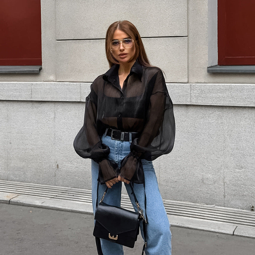 Women's Fashion See-through Black Shirt