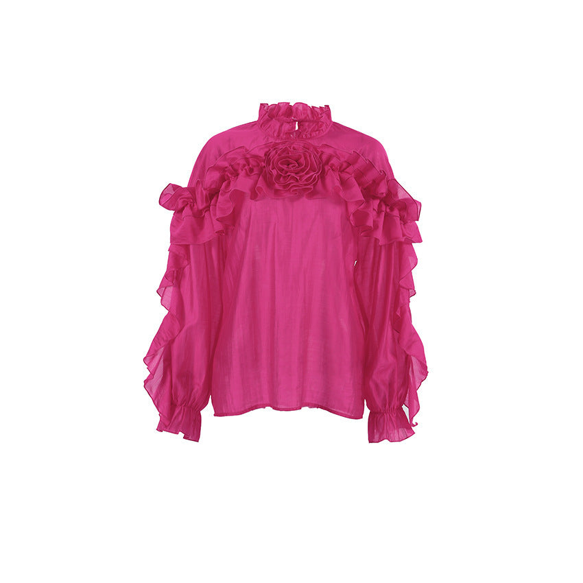 Ladies Ruffled Stand Collar Tencel Shirt