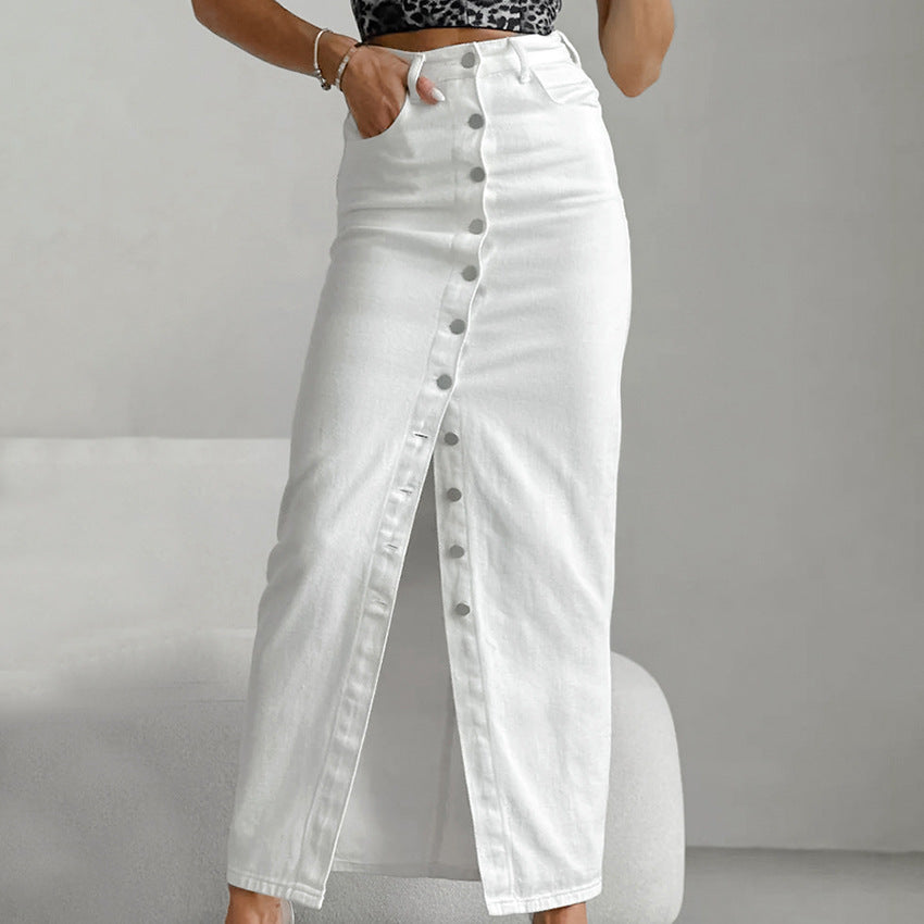 High Waist Slim-fit Buttoned Casual Long Skirt Women