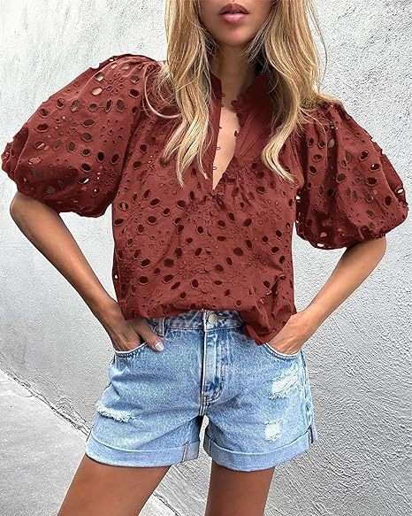 Women's Lantern Sleeve V-neck Hollow Lace Embroidered Shirt