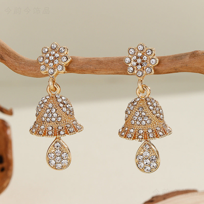 Bohemian Style Heart-shaped Diamond Bell Earrings