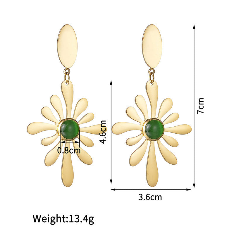 Vintage Fashion Green Stone Flower Tassel Earrings For Women