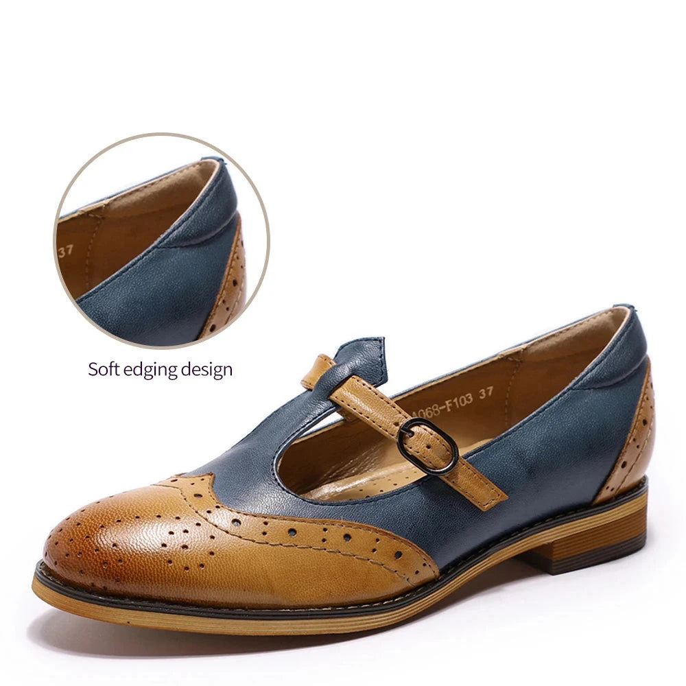 Women's Genuine Leather Flat T-Strap Loafers