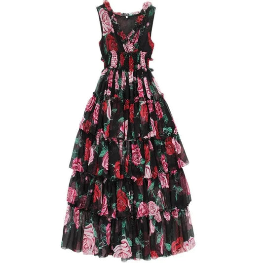 Women's Sleeveless V-neck Rose Floral-Print Ruffles Elastic Waist Dress