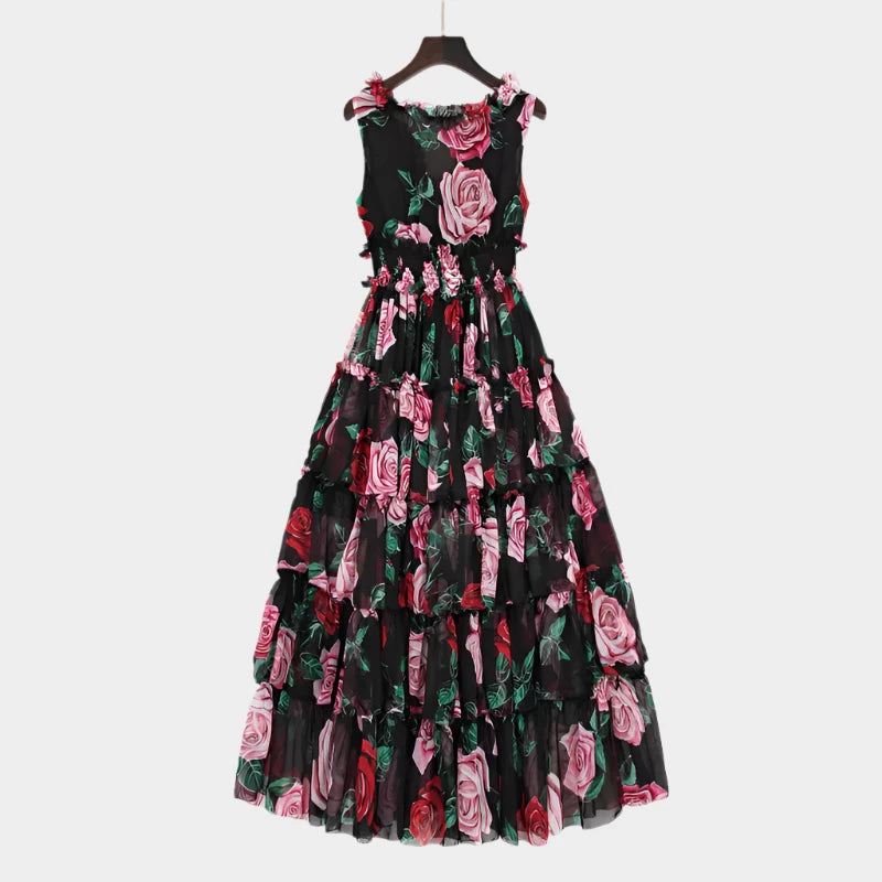 Women's Sleeveless V-neck Rose Floral-Print Ruffles Elastic Waist Dress