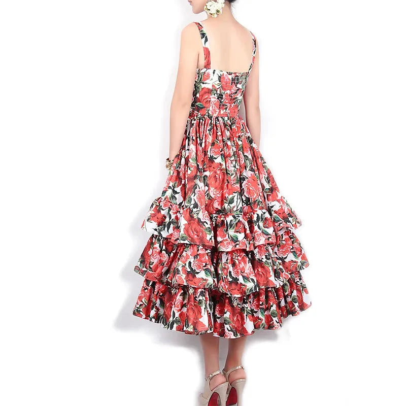 Women's Spaghetti strap Backless Floral Print Ruffle Dress