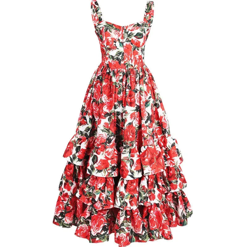 Women's Spaghetti strap Backless Floral Print Ruffle Dress