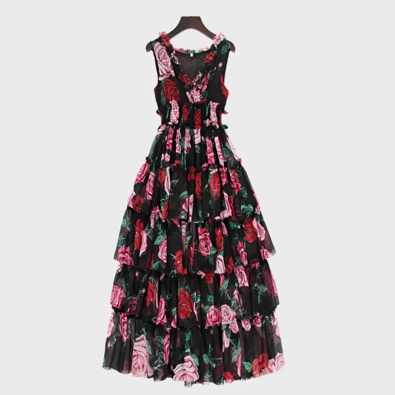 Women's Sleeveless V-neck Rose Floral-Print Ruffles Elastic Waist Dress