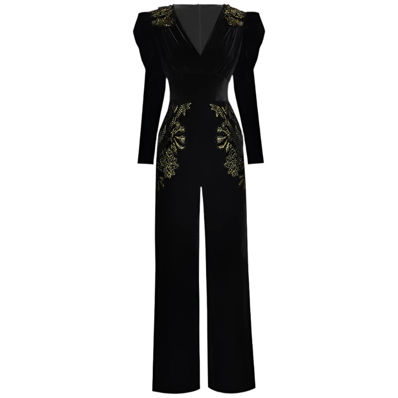 Women's V-neck Long Sleeve Black Velvet Jumpsuit