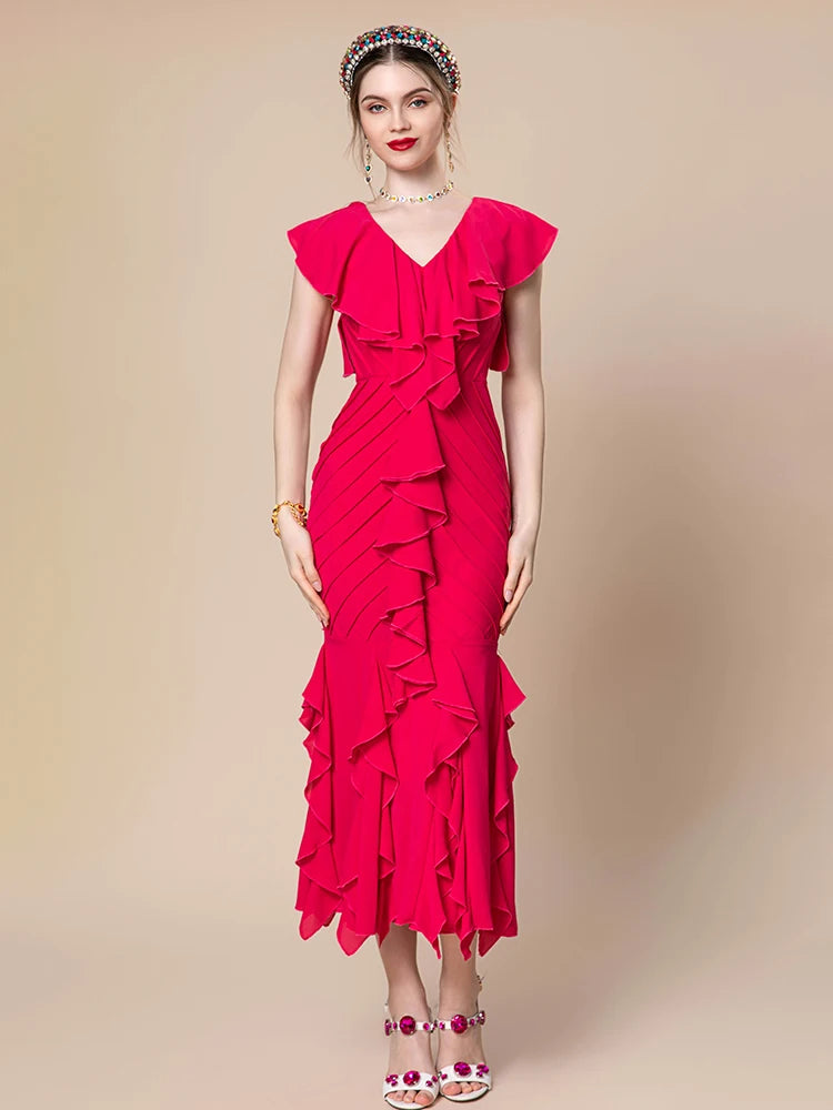 Women's Red V-Neck Slim Fit Ruffle Dress