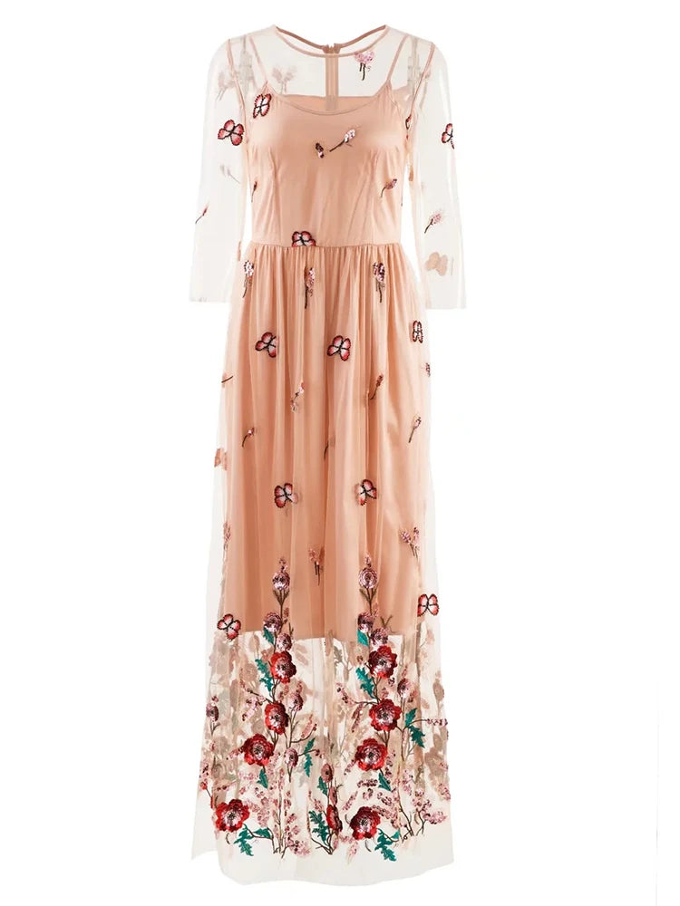 Women's Mesh Embroidery Maxi Dress