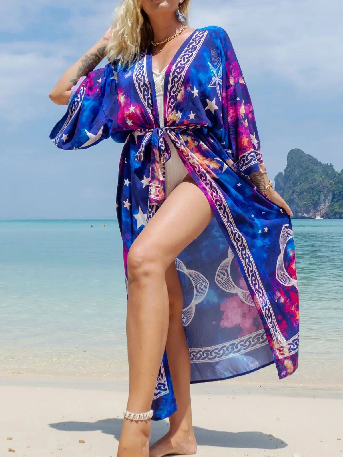 Printed V-Neck Loose Boho Kaftan for Beach Cover-ups