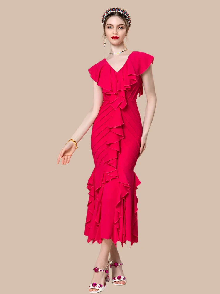 Women's Red V-Neck Slim Fit Ruffle Dress