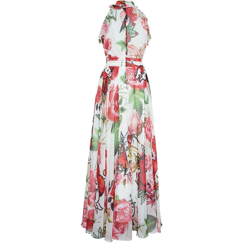 Vintage Floral Print High Waist Dress for Women