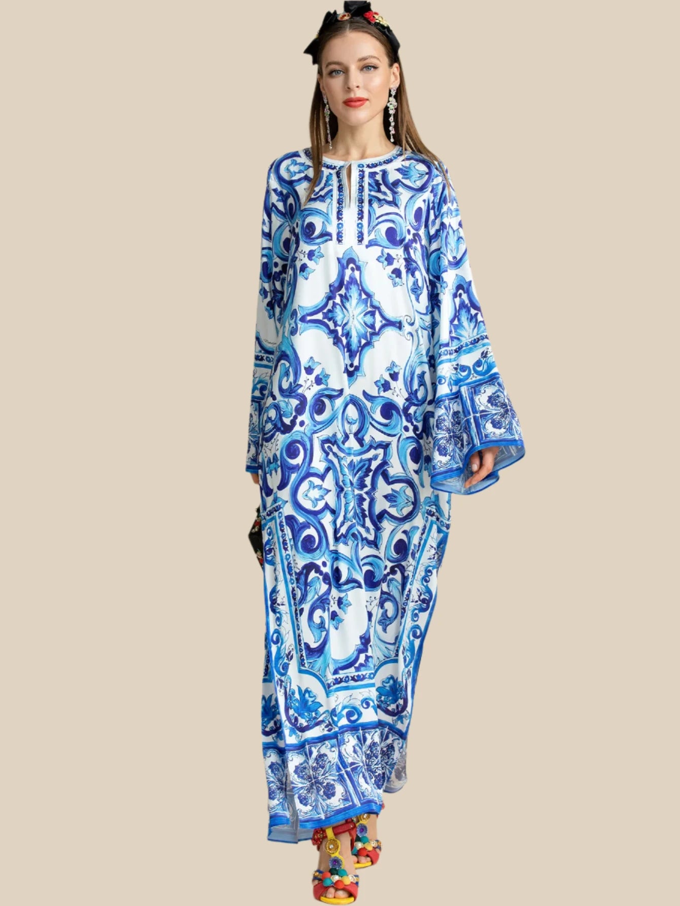 Women's Blue and White Porcelain Printed Bohemian Maxi Dress