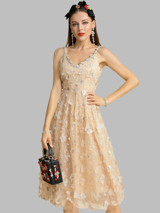 Women's Diamonds and Sequins Mesh Spaghetti Strap Dress