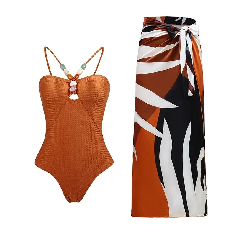 Women's One-Piece Swimsuit Set with Retro Floral Printed Skirt