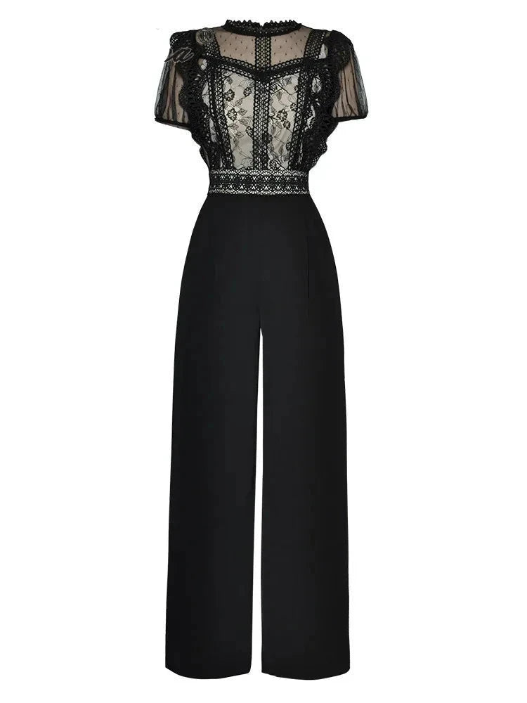 Women's Net Yarn Lace Flowers Wide Leg Jumpsuits