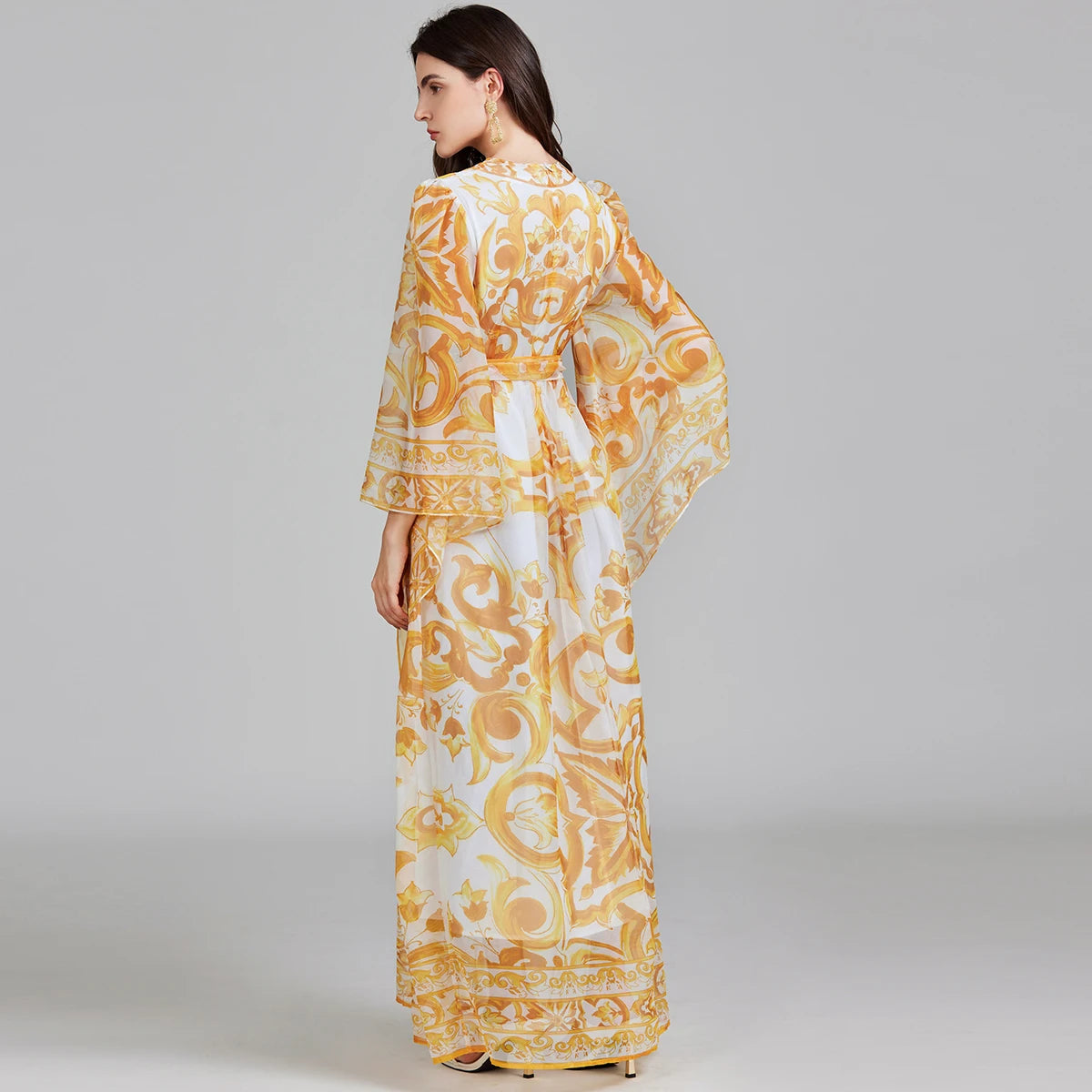 Golden White Porcelain Flower Print Maxi Dress For Women