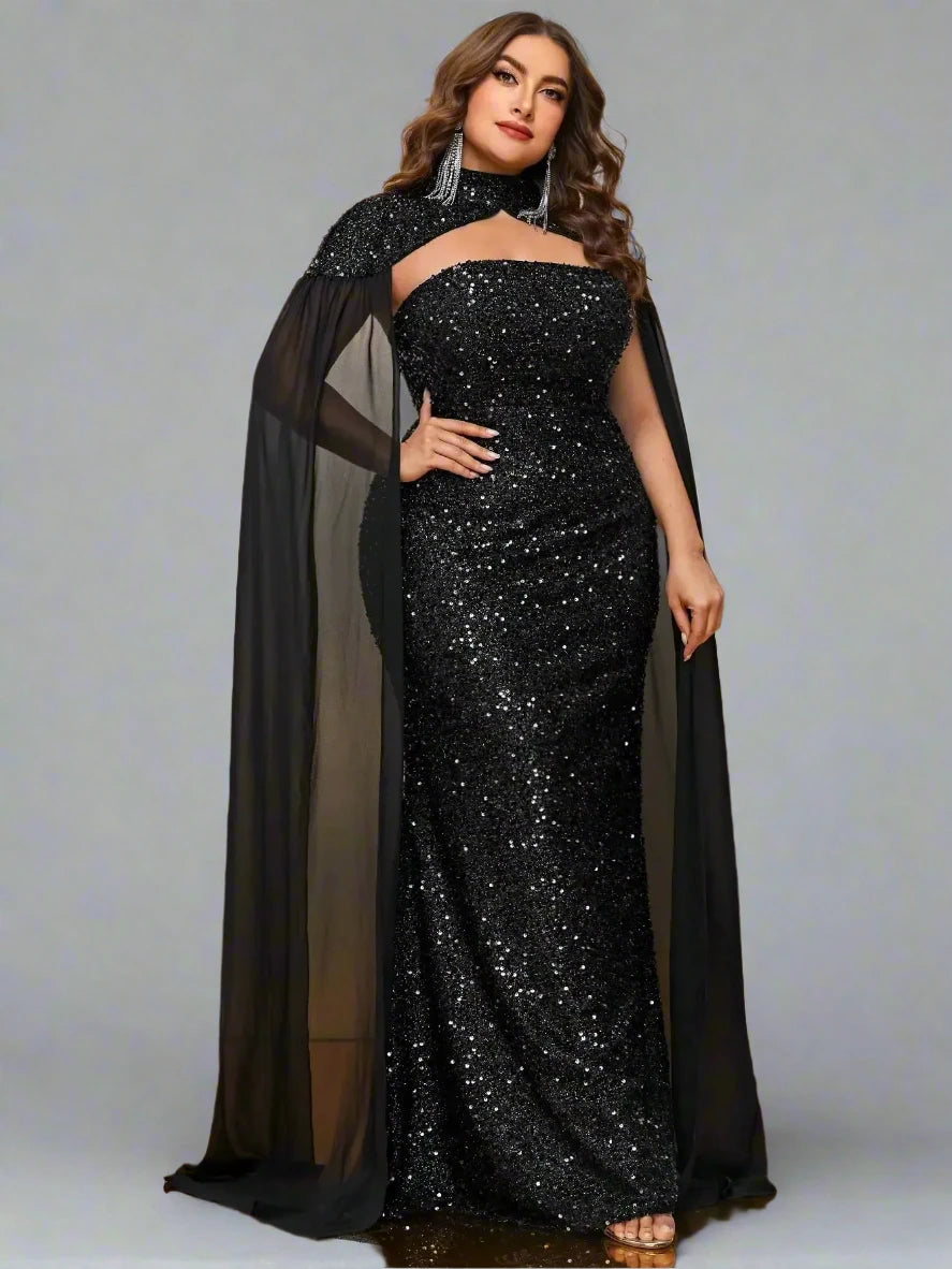 Ladies Plus Size Sequined Floor-Length Evening Dress