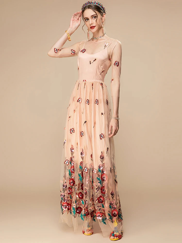 Women's Mesh Embroidery Maxi Dress