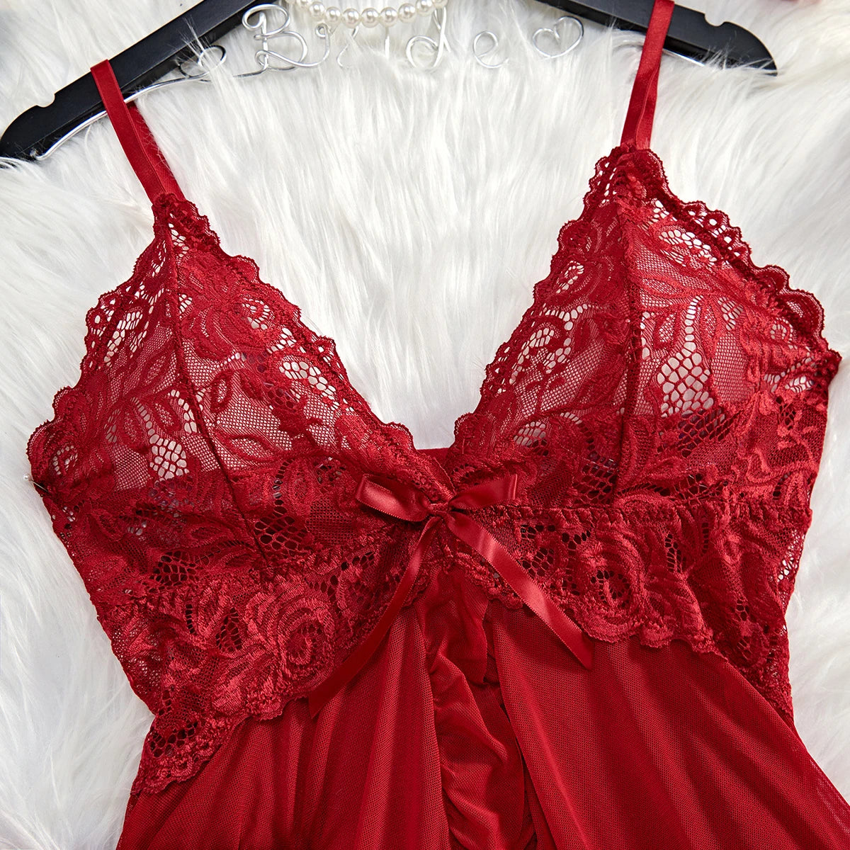 Transparent Red Women's Lace Nightdress And Panty Set