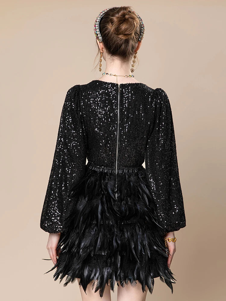 Women's Black Long Sleeve Sequin Splice Feather Mini Dress