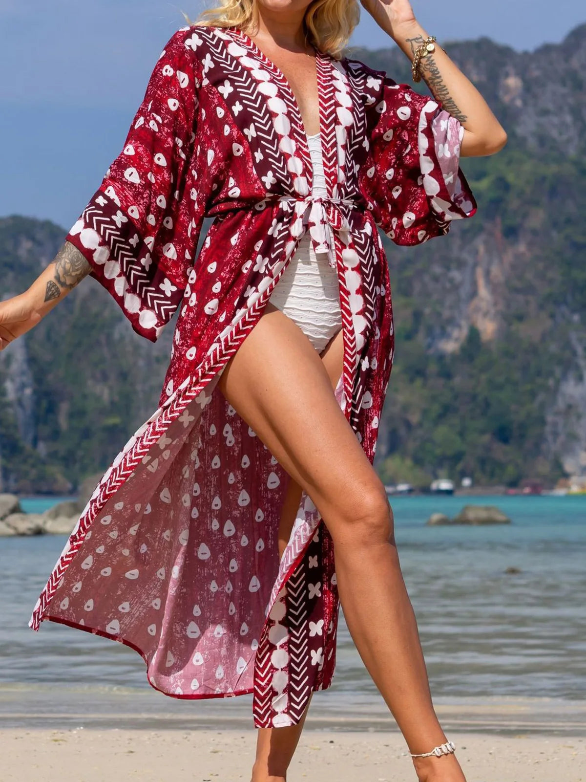 Printed V-Neck Loose Boho Kaftan for Beach Cover-ups