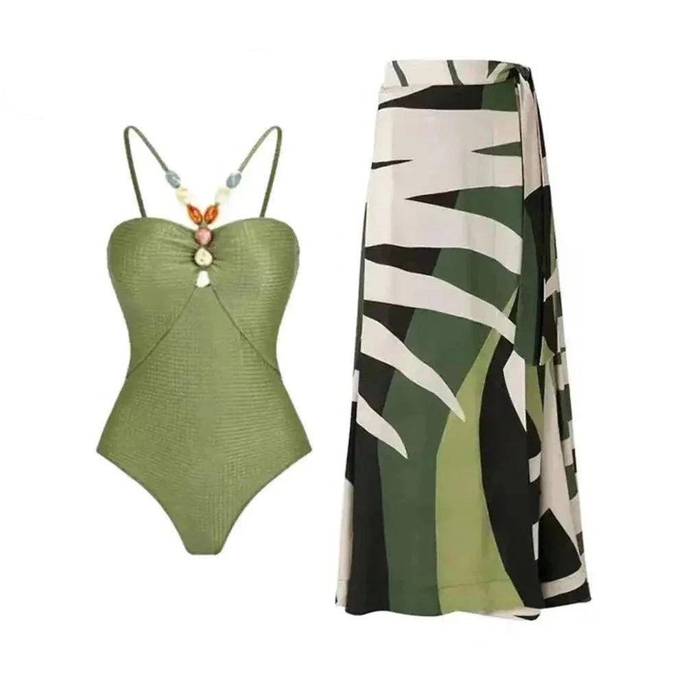 Women's One-Piece Swimsuit Set with Retro Floral Printed Skirt