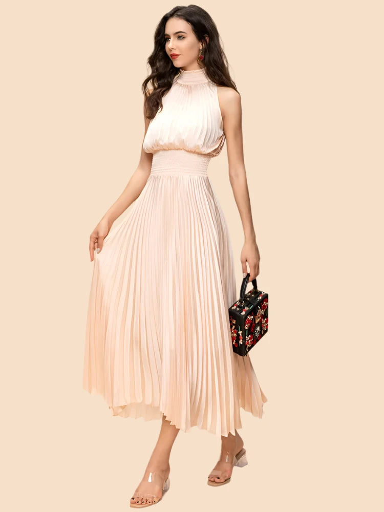 Women's  Halter Neck Sleeveless Elastic Waist Long Pleated Dress