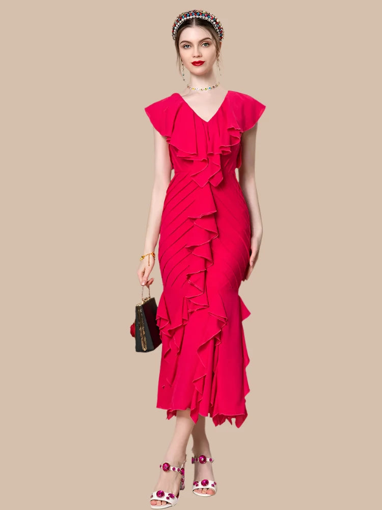 Women's Red V-Neck Slim Fit Ruffle Dress