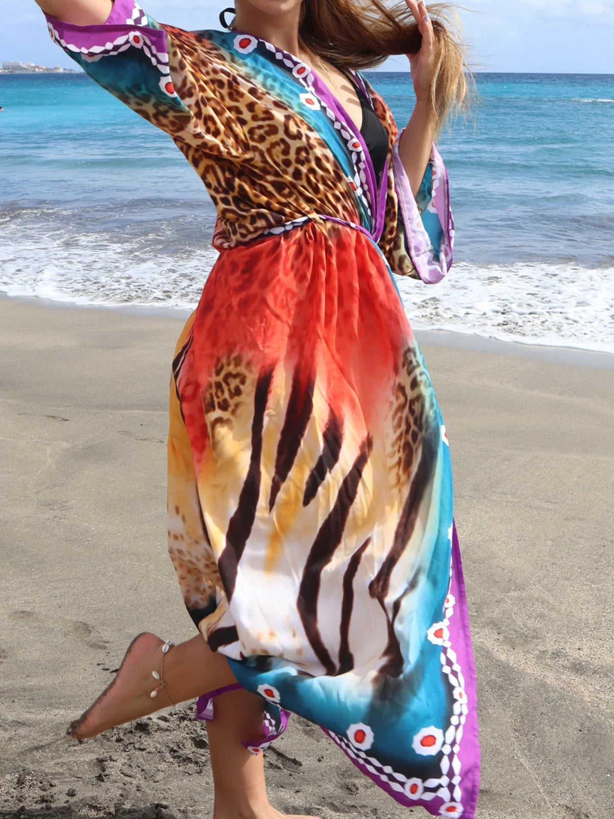 Printed V-Neck Loose Boho Kaftan for Beach Cover-ups