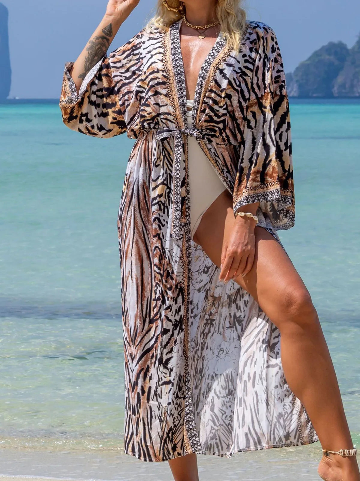 Printed V-Neck Loose Boho Kaftan for Beach Cover-ups