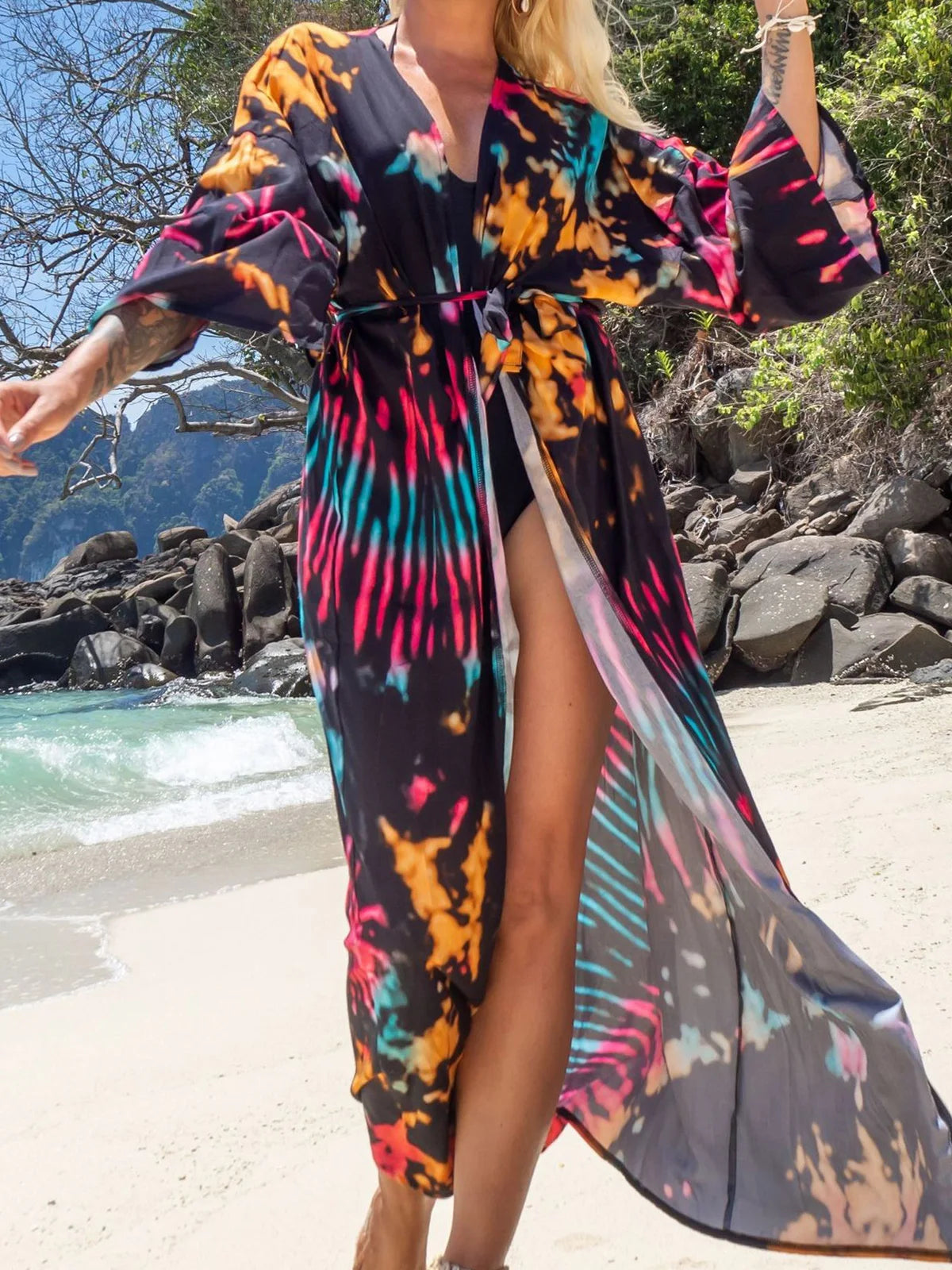 Printed V-Neck Loose Boho Kaftan for Beach Cover-ups