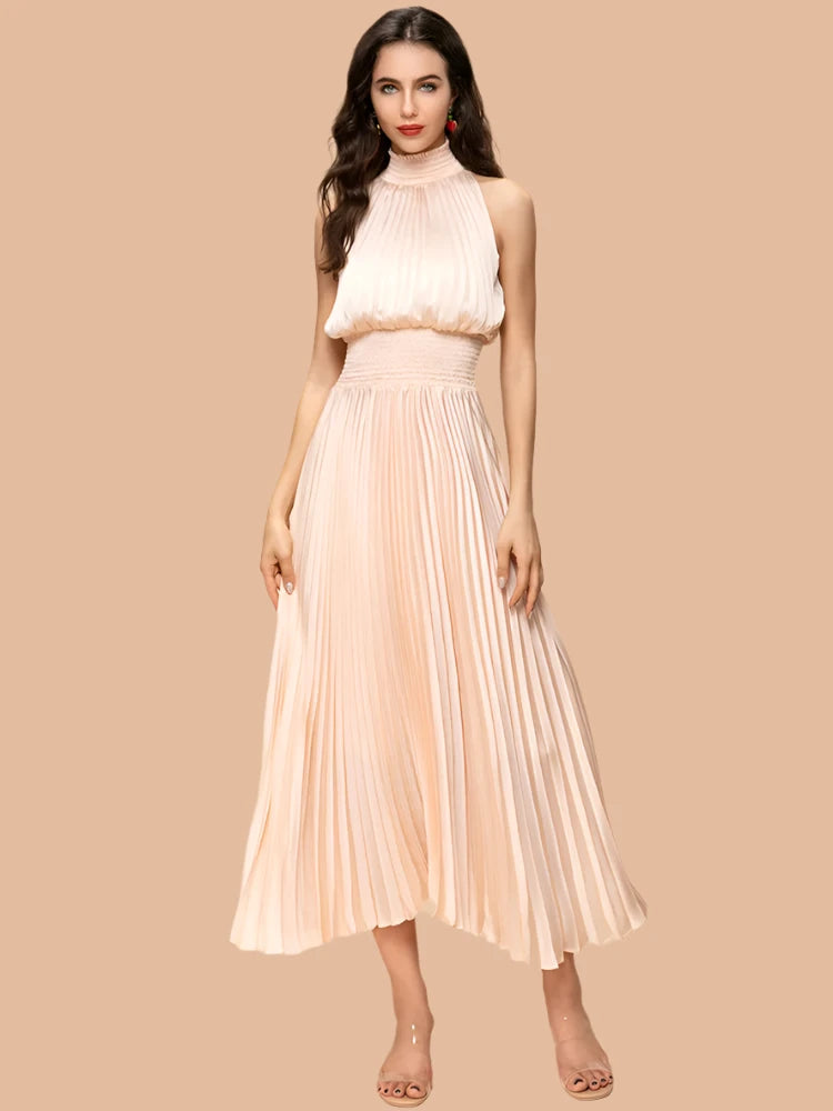 Women's  Halter Neck Sleeveless Elastic Waist Long Pleated Dress