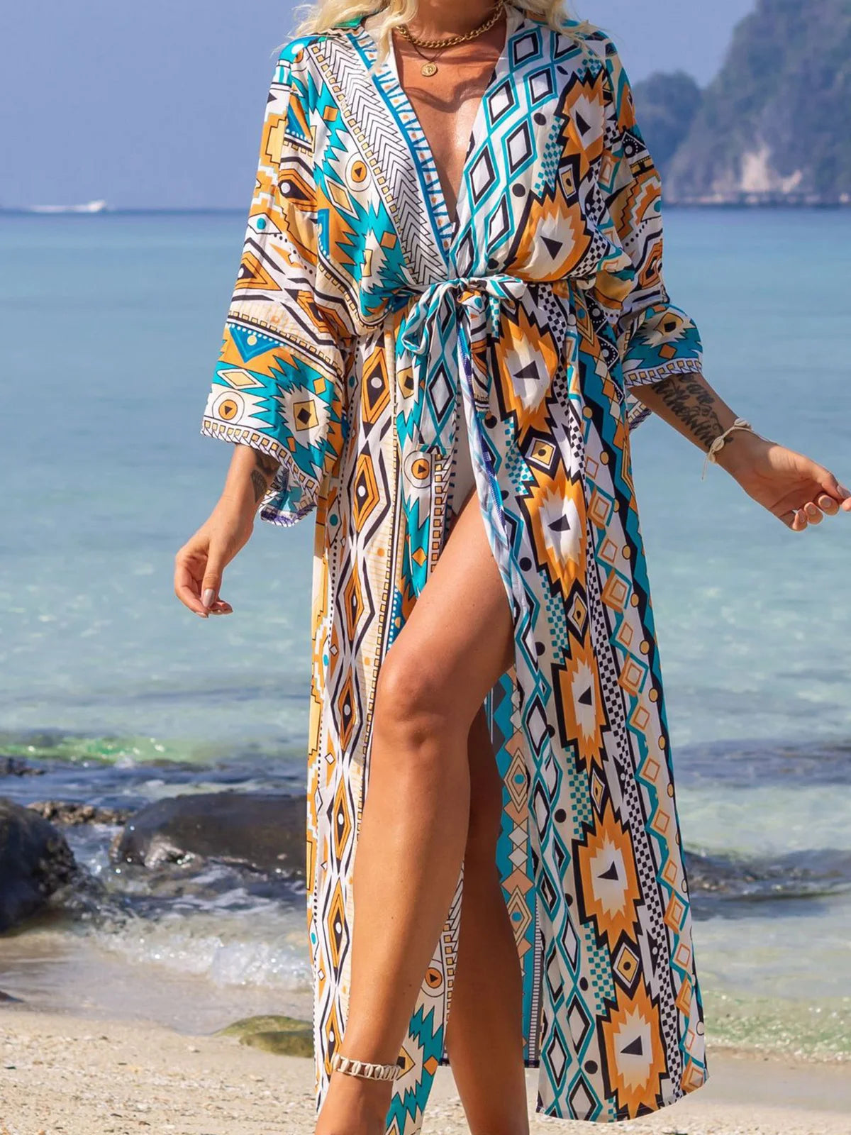 Printed V-Neck Loose Boho Kaftan for Beach Cover-ups