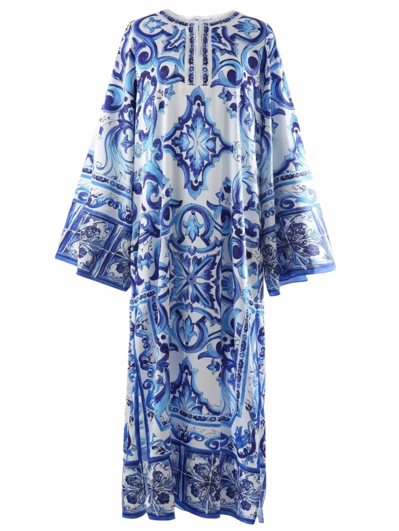 Women's Blue and White Porcelain Printed Bohemian Maxi Dress