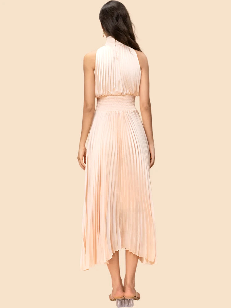 Women's  Halter Neck Sleeveless Elastic Waist Long Pleated Dress