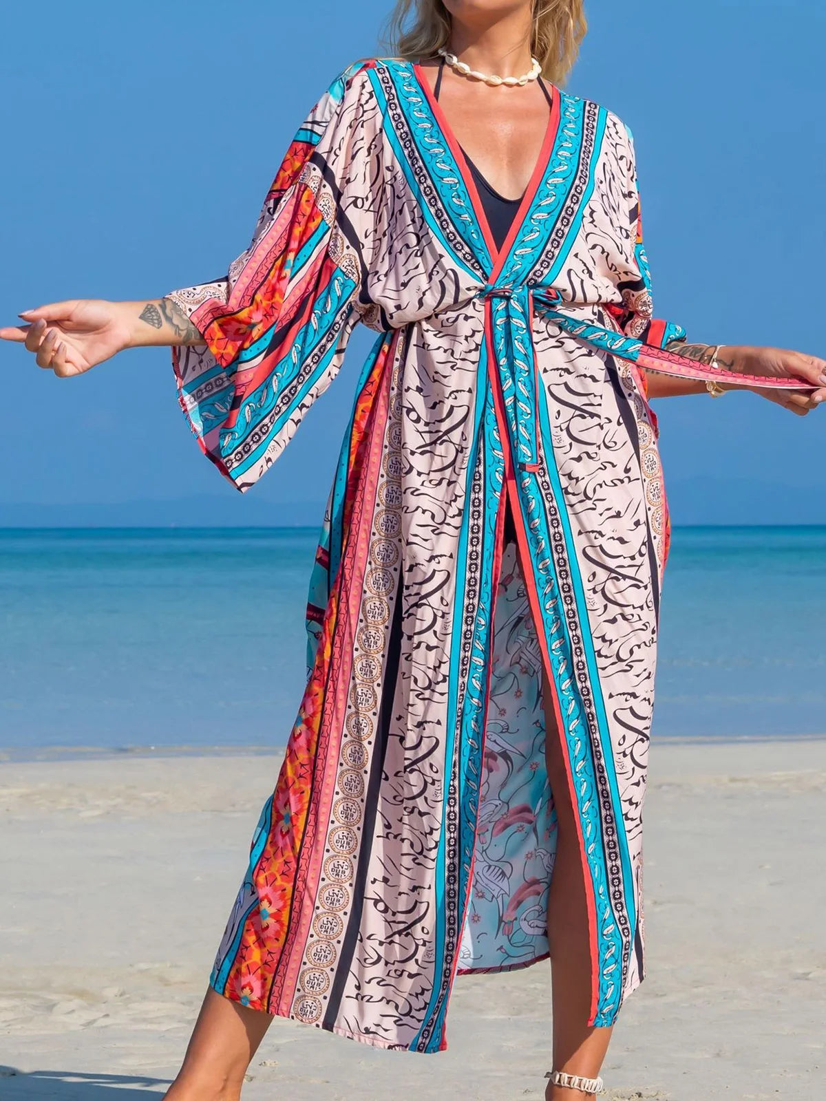 Printed V-Neck Loose Boho Kaftan for Beach Cover-ups