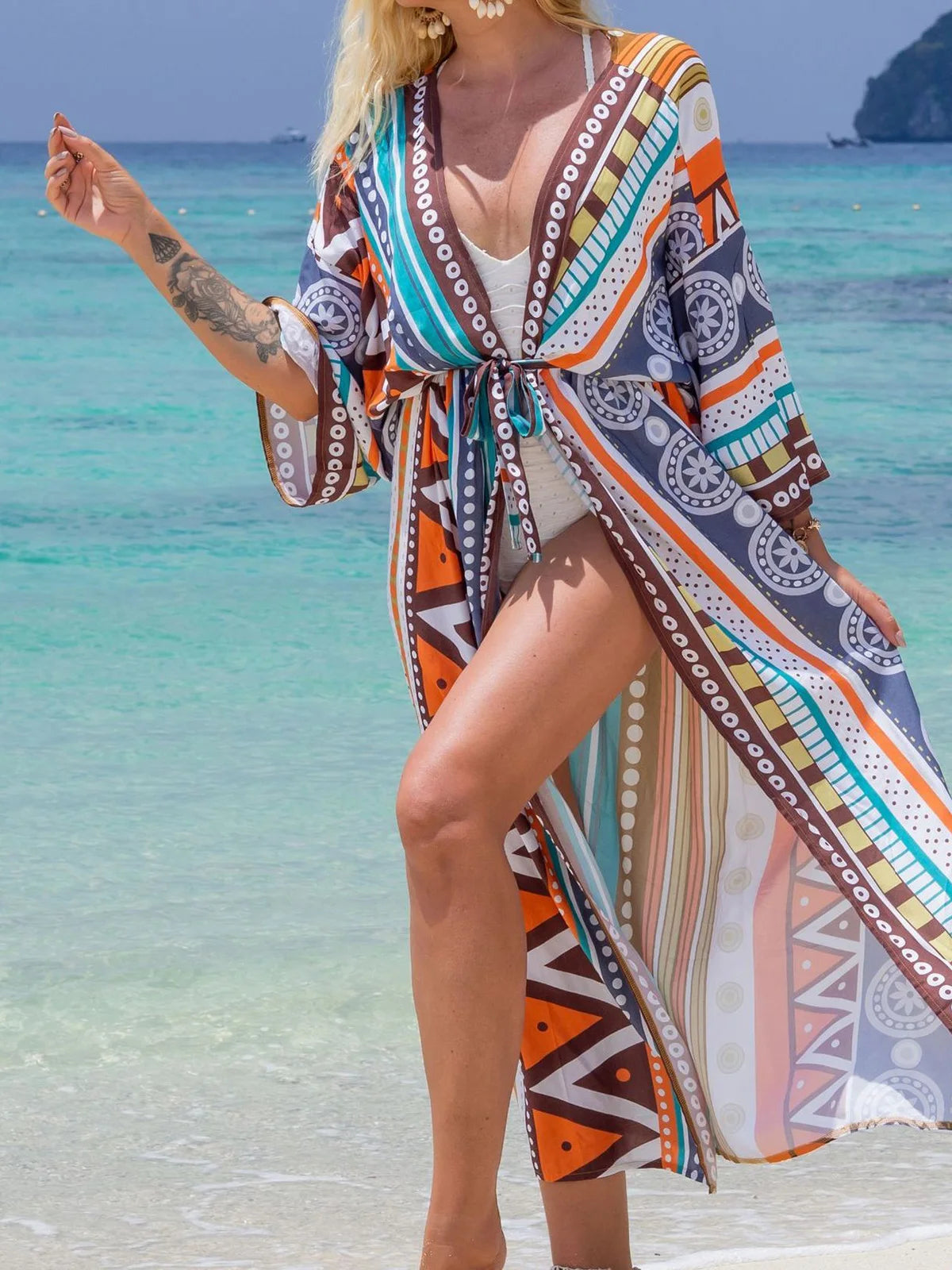 Printed V-Neck Loose Boho Kaftan for Beach Cover-ups