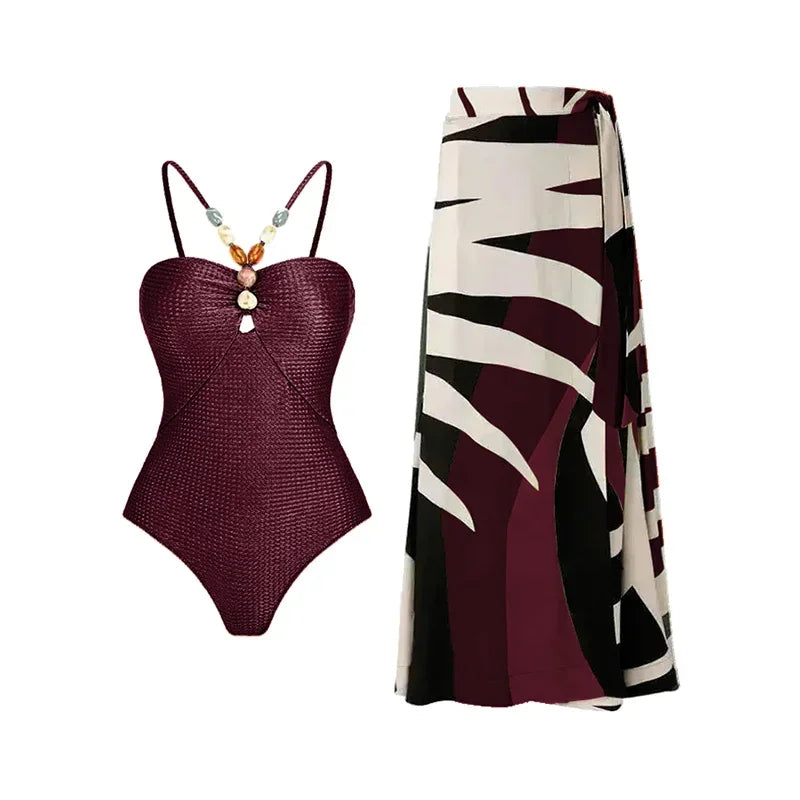 Women's One-Piece Swimsuit Set with Retro Floral Printed Skirt