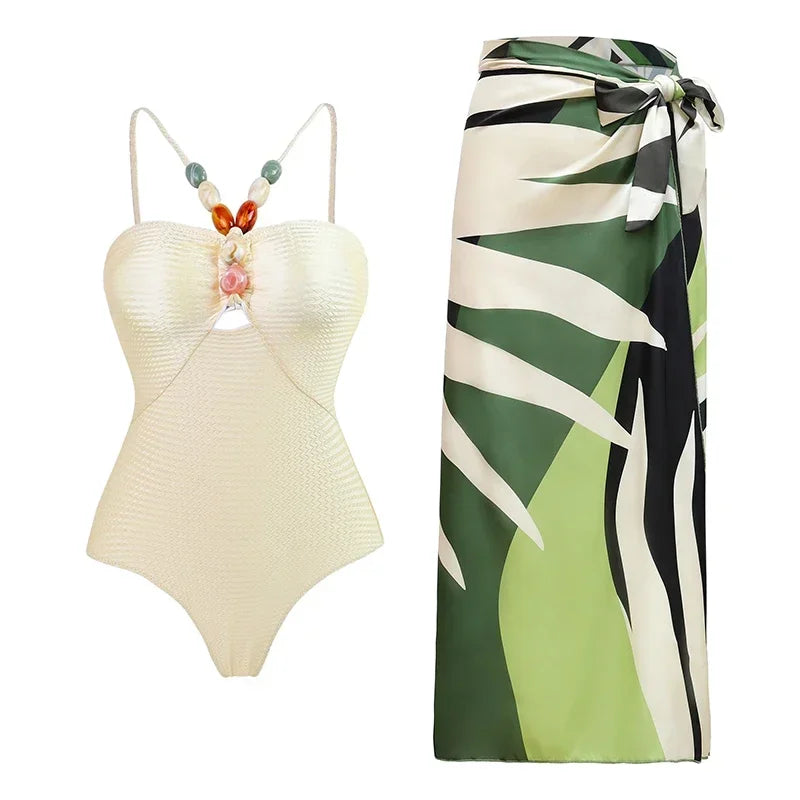 Women's One-Piece Swimsuit Set with Retro Floral Printed Skirt