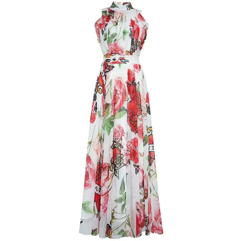 Vintage Floral Print High Waist Dress for Women