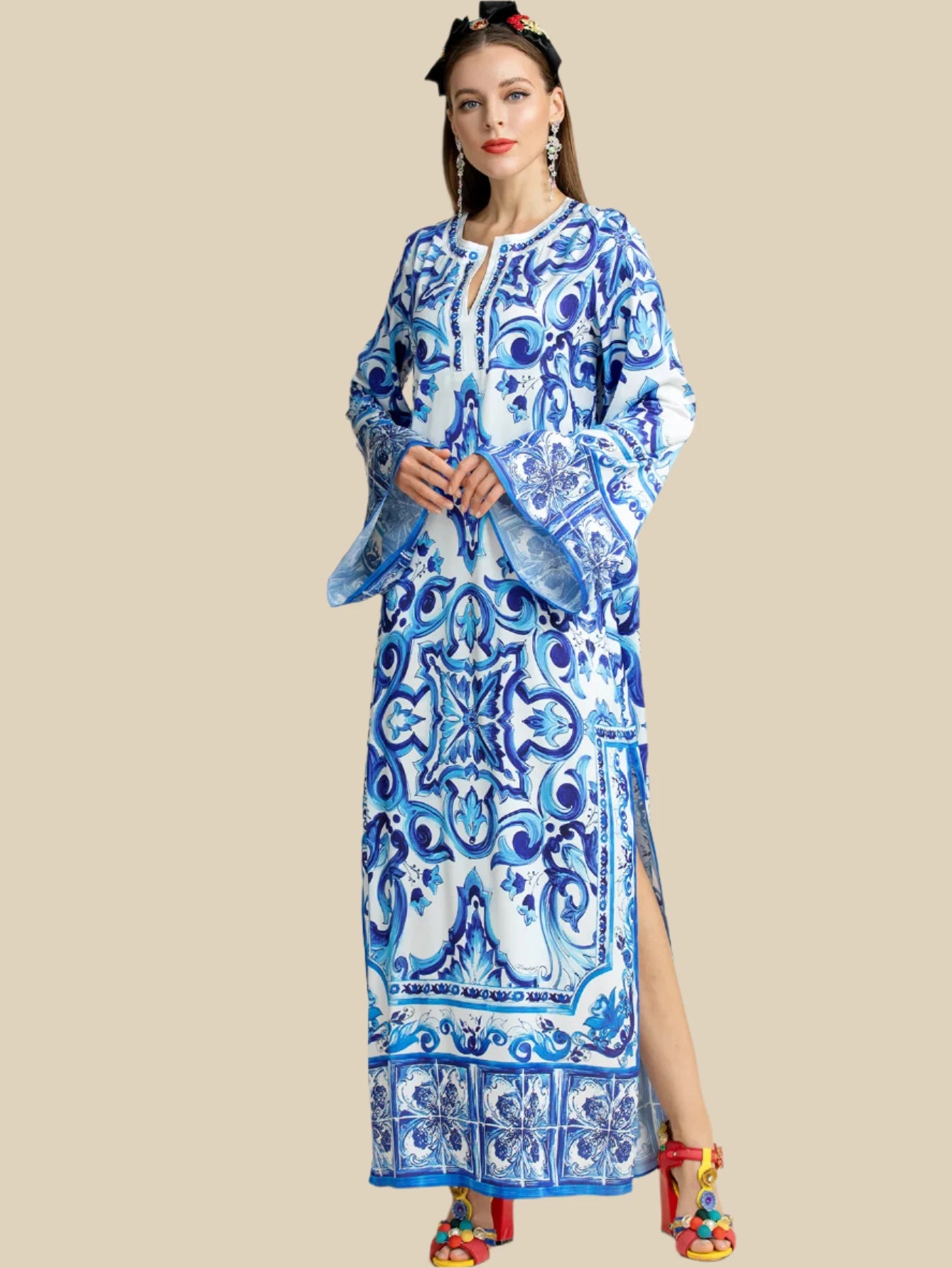 Women's Blue and White Porcelain Printed Bohemian Maxi Dress