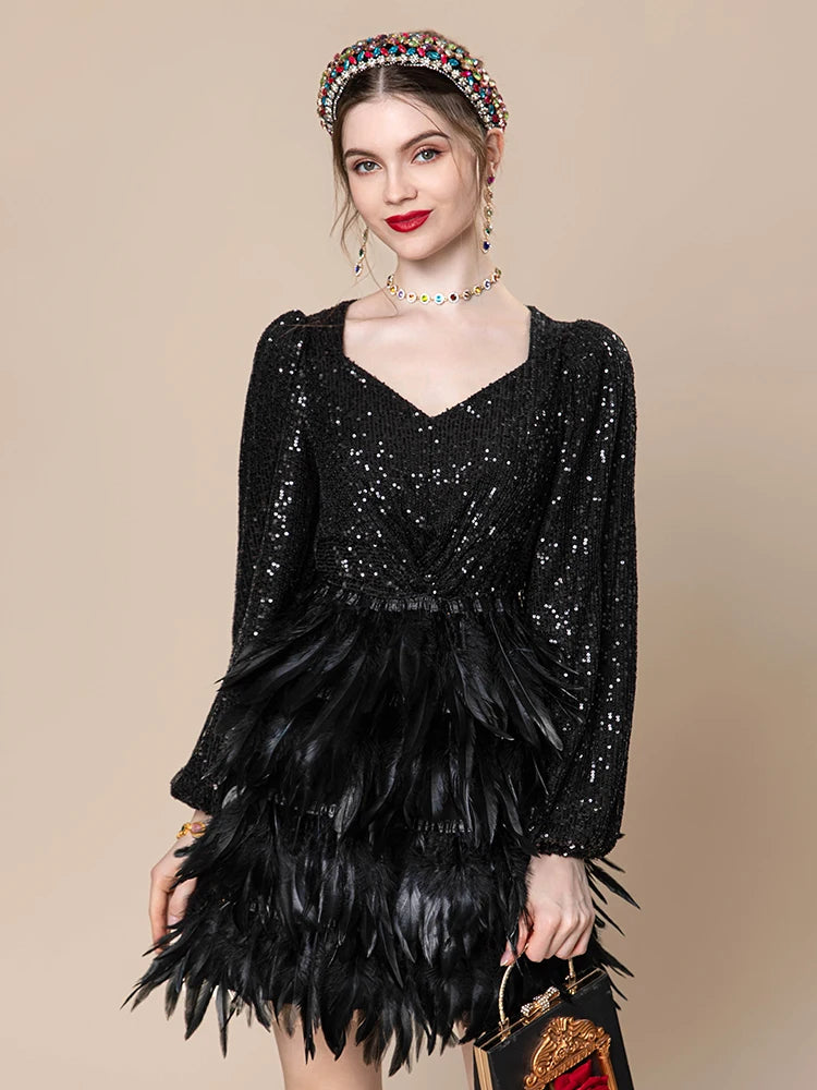 Women's Black Long Sleeve Sequin Splice Feather Mini Dress